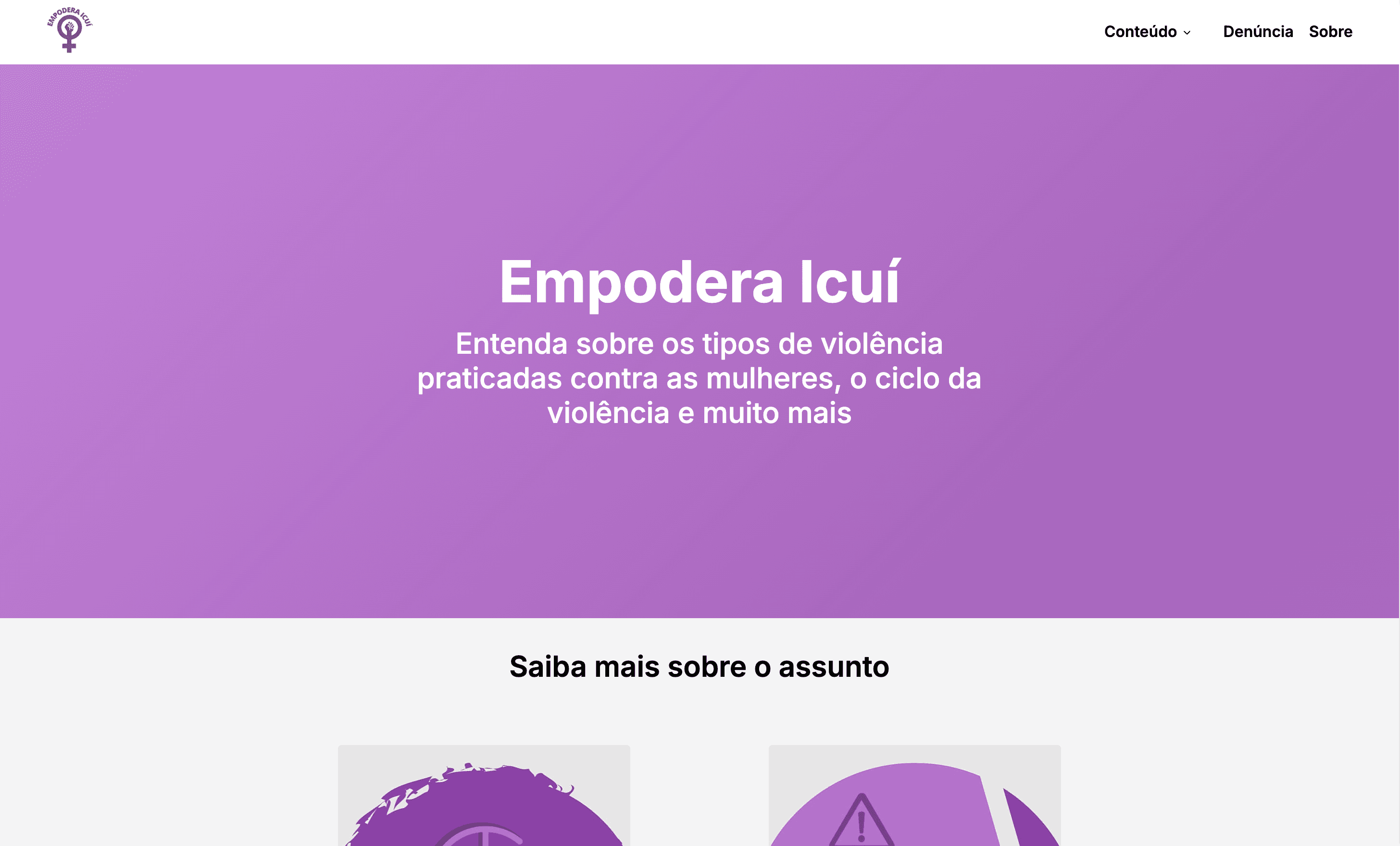 Página inicial do Empodera Icuí com banner roxo sobre os tipos de violência contra a mulher